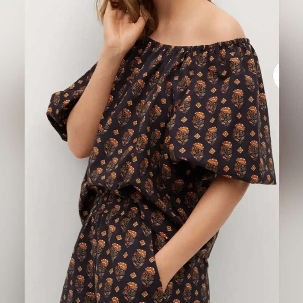 Mango Black and Orange Off-Shoulder Blouse